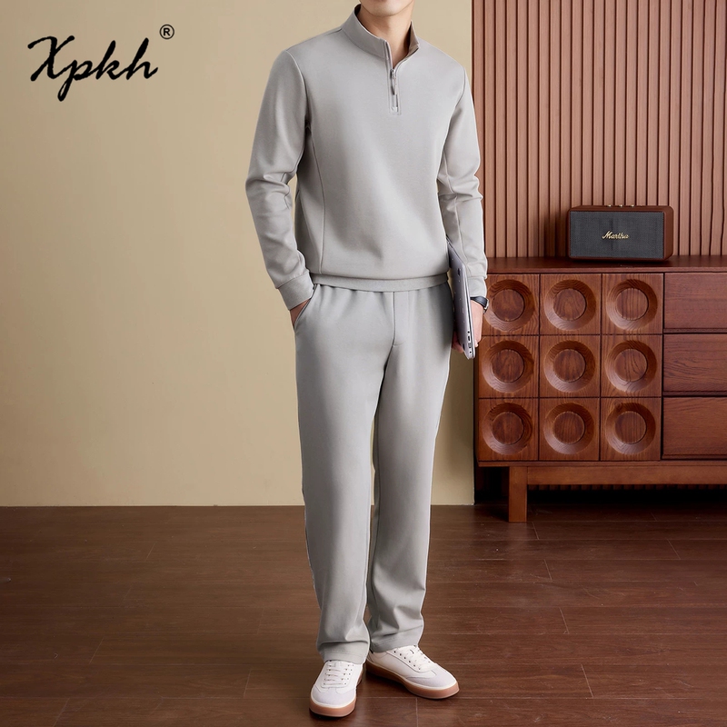 Xpkh Autumn Casual Suit Men's 2026 New Style Simple Loose Stand-Up Collar Top and Long Pants Sports Two-Piece Set