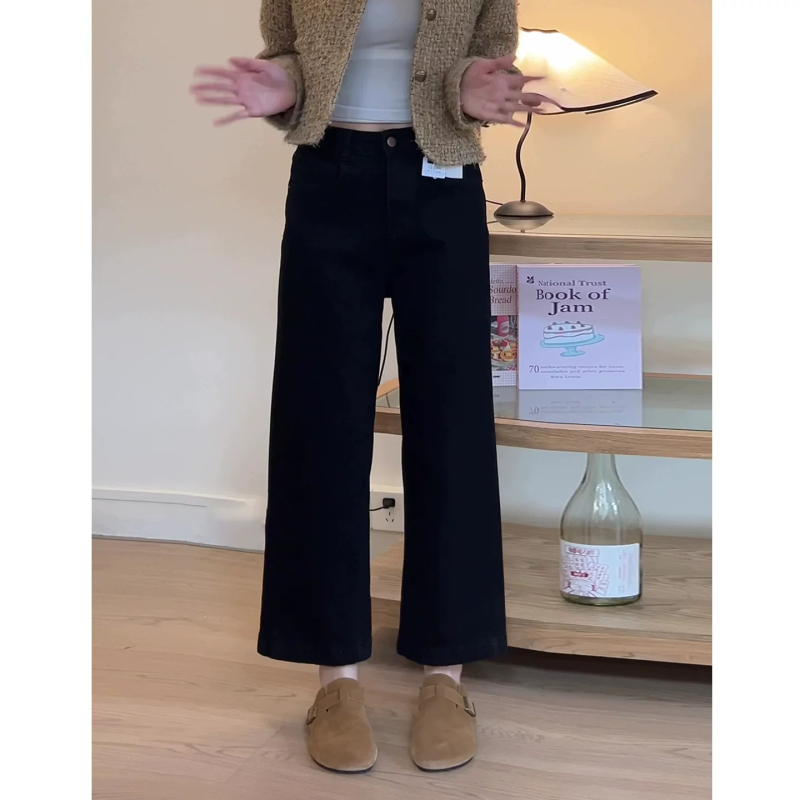 Black High-Waisted Cropped Straight-Leg Jeans for Women, 2026 New Autumn Style, Plus-Size, Slimming, Loose, Non-Tight, Wide-Leg Pants