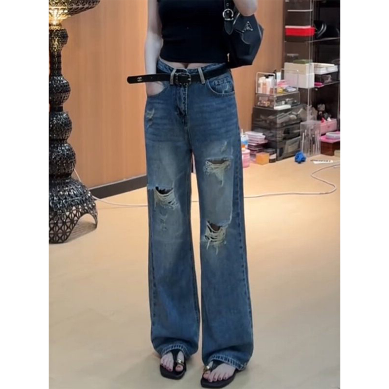 American-Style Ripped Jeans for Women, Summer Thin Version, Plus-Size Narrow Straight-Leg Wide-Leg Pants, Large Size, Very Stylish and Versatile Pants American-Style Ripped Jeans for Women, Summer Thin Version, Plus-Size Narrow Straight-Leg Wide-Leg Pants, Large Size, Very Stylish and Versatile Pants