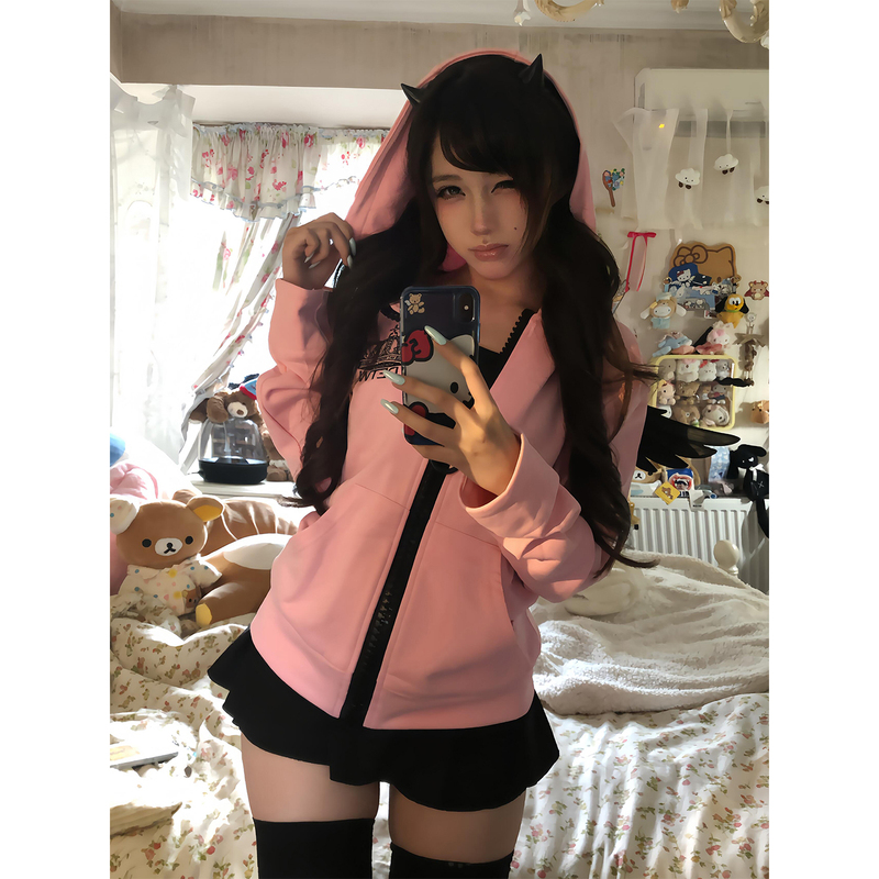 Y2K Subculture Pink Hooded Sweatshirt Cardigan for Women Early Autumn New Large Zipper Jacket Angel Wings Top Y2K Subculture Pink Hooded Sweatshirt Cardigan for Women Early Autumn New Large Zipper Jacket Angel Wings Top