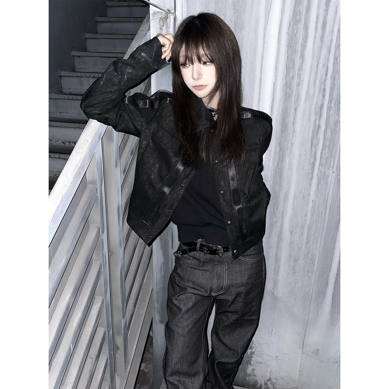 Subculture Black Shoulder-Length Jacket for Women, Early Autumn New Style, Fitted Short Leather Jacket, Visual Style Top with a Sense of Design