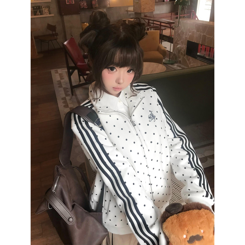 Japanese-Style Vintage Polka Dot Stand-Up Collar Sweatshirt Cardigan for Women, New Spring Sports Gymnastics Jacket, Y2K Light Asian Top