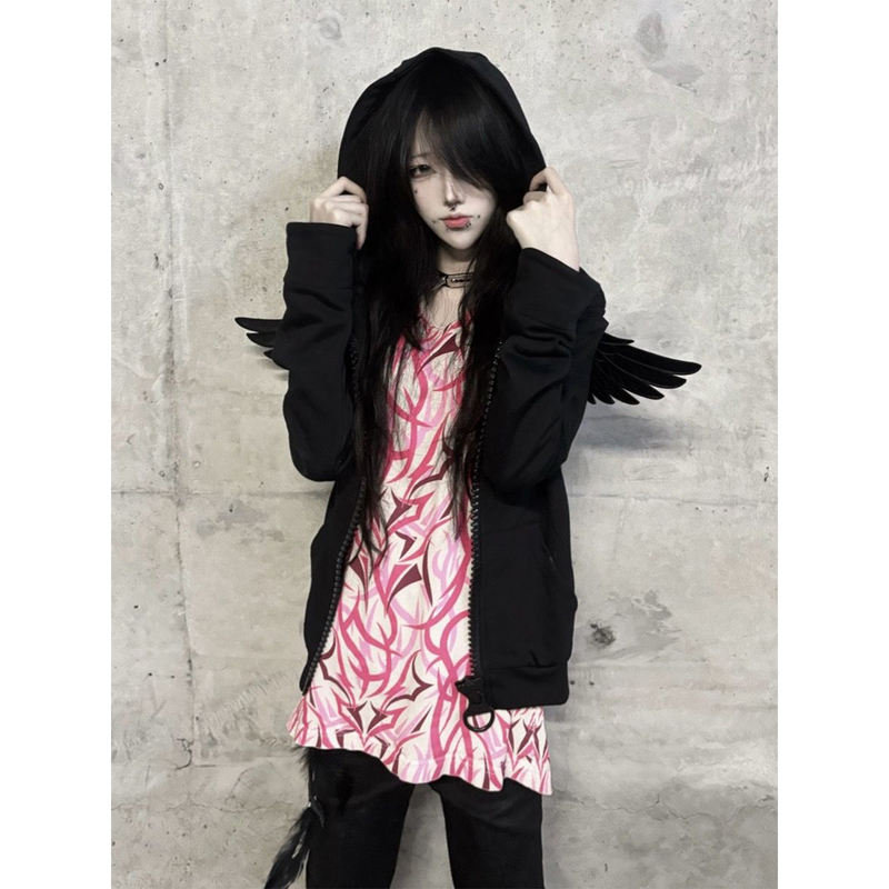 Subculture Angel Wings Hooded Sweatshirt for Women, Early Autumn New Slim-Fit Large Zipper Shoulder-Length Jacket, Visual Style Top Subculture Angel Wings Hooded Sweatshirt for Women, Early Autumn New Slim-Fit Large Zipper Shoulder-Length Jacket, Visual Style Top
