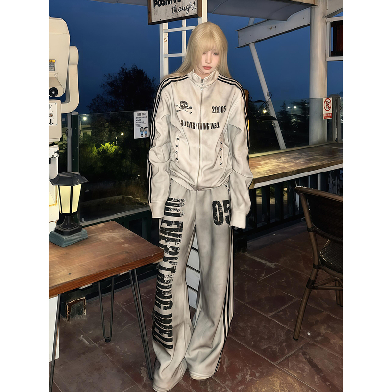 Y2K Subculture Jacket for Women, Spring New Style, Distressed Spray-Dyed Sweatshirt Cardigan with Stand Collar, Visual Style Trend