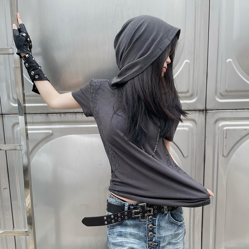 Y2K Subculture Hooded Short-Sleeve T-Shirt for Women, New Summer Style, Full Print Punk Visual Style, Regular Shoulder Top, Trendy Y2K Subculture Hooded Short-Sleeve T-Shirt for Women, New Summer Style, Full Print Punk Visual Style, Regular Shoulder Top, Trendy