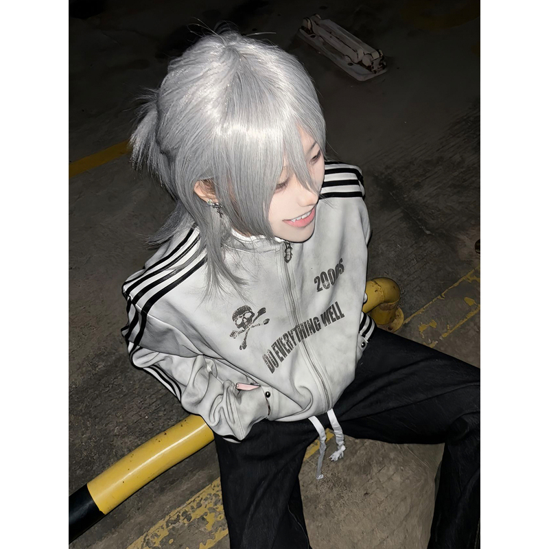 Y2K Subculture Stand-Up Collar Sweatshirt Cardigan for Women, Early Autumn New Style, Distressed Spray-Dyed Jacket, Visual Style Top, Trendy