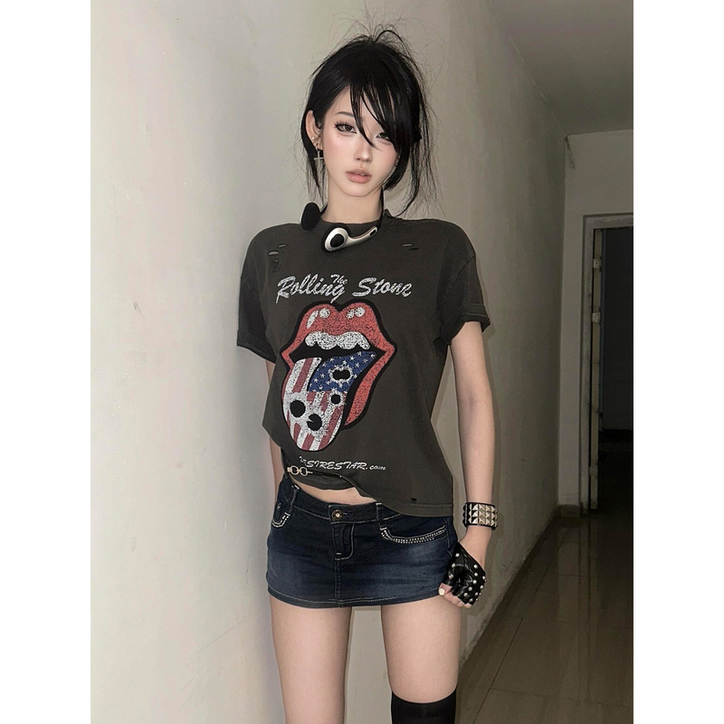American Street Style Washed and Distressed Short-Sleeve Women's Summer New Rolling Stones T-Shirt Vintage Top American Street Style Washed and Distressed Short-Sleeve Women's Summer New Rolling Stones T-Shirt Vintage Top