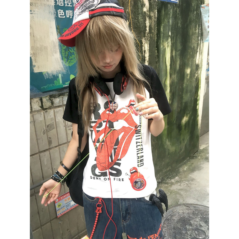 American Street Style Rock Shoulder-Length Short-Sleeve Women's Summer New Color-Block Patchwork Raglan T-Shirt Fitted Light Top Y2K American Street Style Rock Shoulder-Length Short-Sleeve Women's Summer New Color-Block Patchwork Raglan T-Shirt Fitted Light Top Y2K