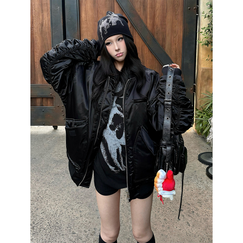 Visual Subculture Black Cotton Jacket for Women, Winter Thickened Studded Pleated Bomber Pilot Jacket, Trendy