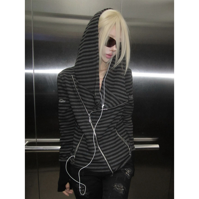 Y2K Subculture Striped Cardigan Jacket for Women, Early Autumn New Niche Diagonal Zipper Hooded Sweatshirt, Visual Style Top