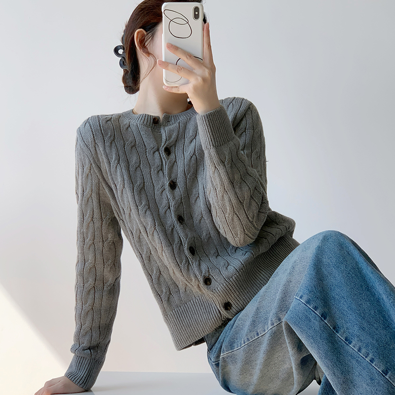 Lauren's Same Style 100% Pure Cotton Knitted Cardigan Jacket for Women, Autumn and Winter Round Neck Vintage Twist Cotton Sweater