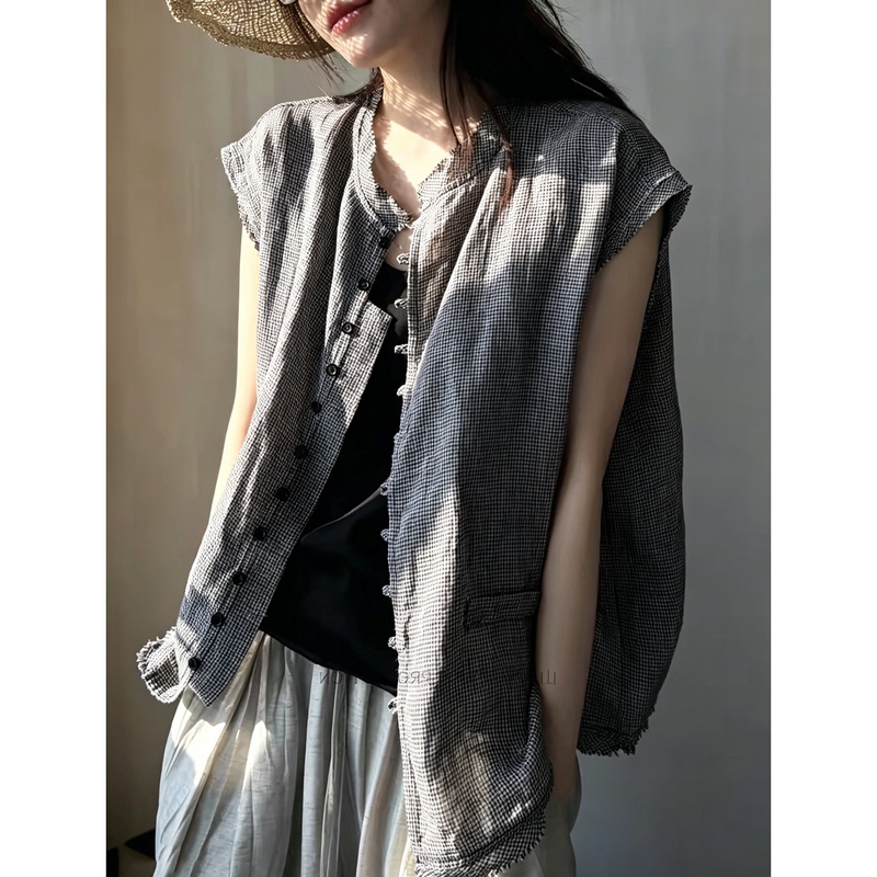 6.7 New Summer Style Mxj-26412 Korean Style Raw Edge Hemp Sleeveless Yarn-Dyed Plaid Shirt