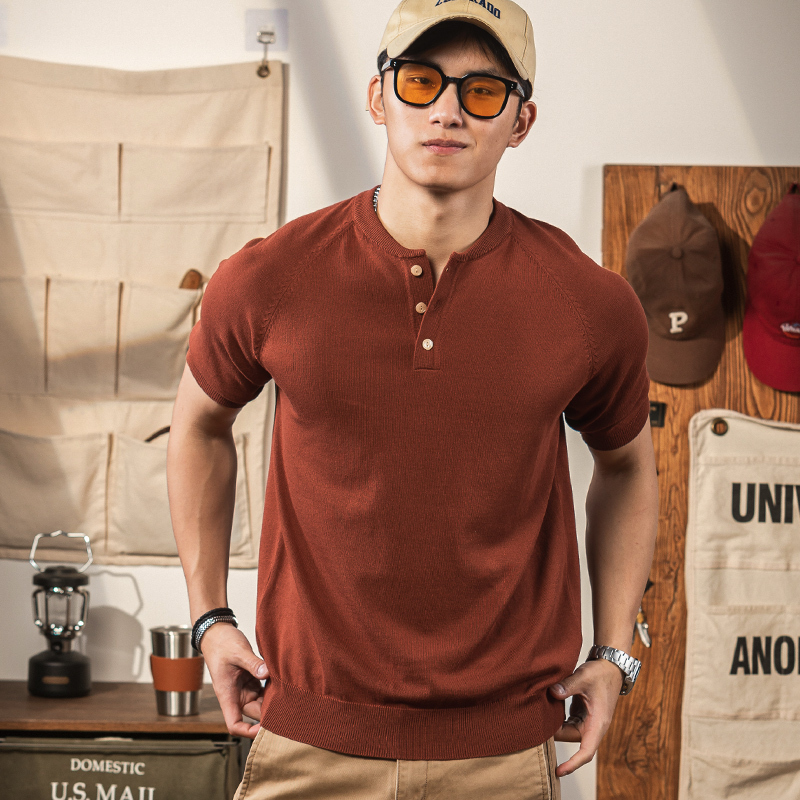 American Retro Henry Collar T-Shirt for Men, Heavy Knit Henry Shirt, Short-Sleeved Amekaji Henry Shirt Tee American Retro Henry Collar T-Shirt for Men, Heavy Knit Henry Shirt, Short-Sleeved Amekaji Henry Shirt Tee