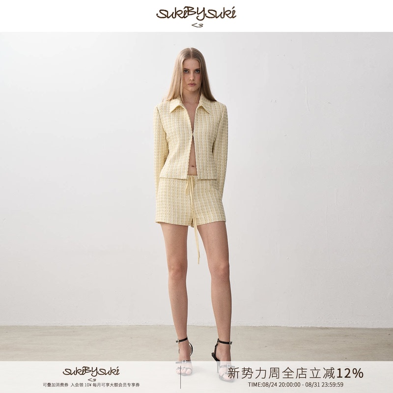 Sukibysuki Tweed-Style Sequin Floral Yarn Hook-Button Cardigan Jacket and Shorts Two-Piece Set