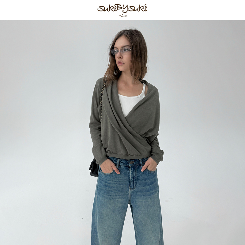 Sukibysuki Textured 100% Sheep Wool Cross-Chest Sweater with Diagonal Placket V-Neck Knit Top Blouse Sukibysuki Textured 100% Sheep Wool Cross-Chest Sweater with Diagonal Placket V-Neck Knit Top Blouse