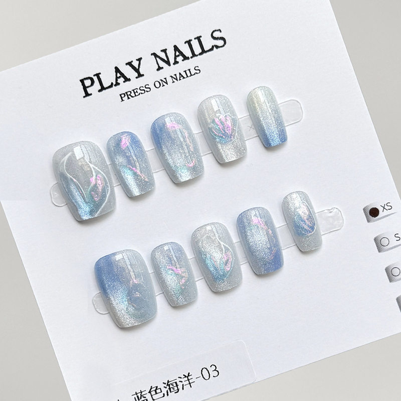 Cute Mermaid Tail Gentle White-Enhancing Handmade Trapezoidal Short Press-On Nails Cat Eye Light Blue Cartoon Student Gradient