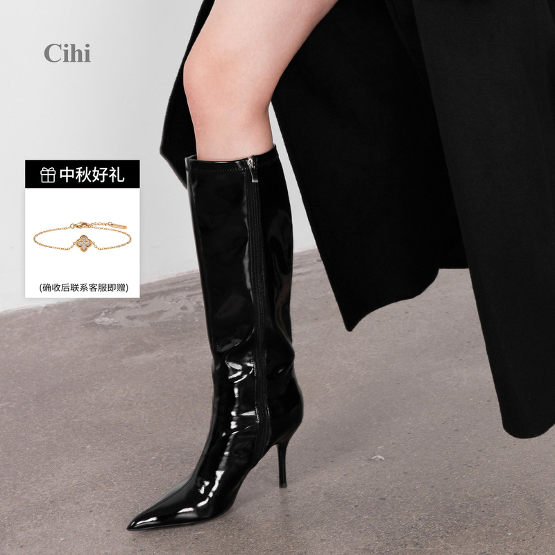Cihi Pioneer Power Mirror High-Gloss Pointed Patent Leather Wrap Concept Stiletto Heel Boot Series