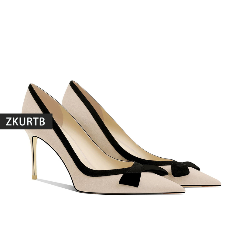 Zkurtb Bowknot Large Size Nude High-Heeled Shoes for Women, New Style with Thin Heels and Pointed Toes, French Style Small Size Elegant Suede Pumps