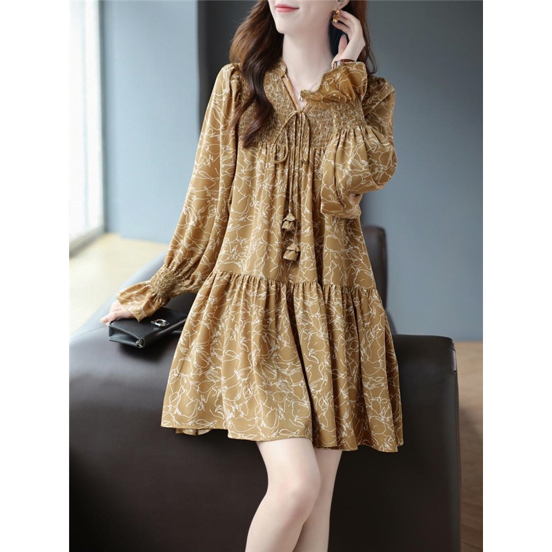 2026 New Fashionable and Elegant Niche Design Long-Sleeved Loose Spring and Autumn V-Neck Tie-Up Printed Dress for Women