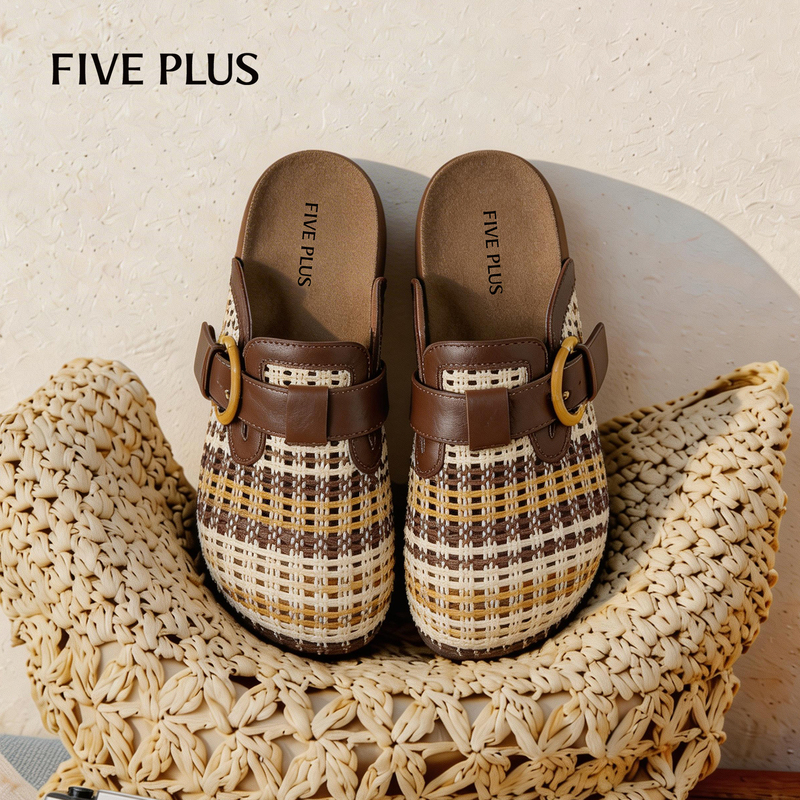 Five Plus Half Slippers for Women 2026 New Spring and Summer Style, Beautiful Woven Thick-Soled Birkenstock Slip-On Sandals for Outdoor Wear