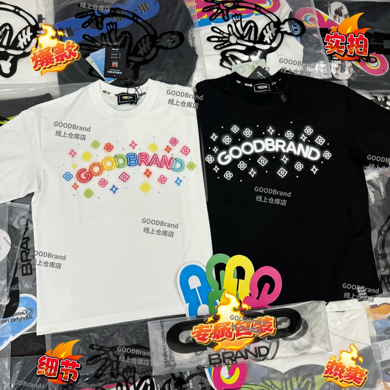 Goodbrand Colorful Neon Foam Lettering Slogan Short-Sleeve Heavyweight Loose High-End T-Shirt Unisex