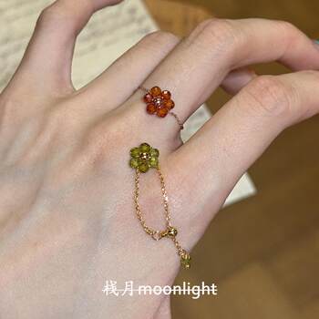 Korean style olive green glass flower adjustable index finger ring