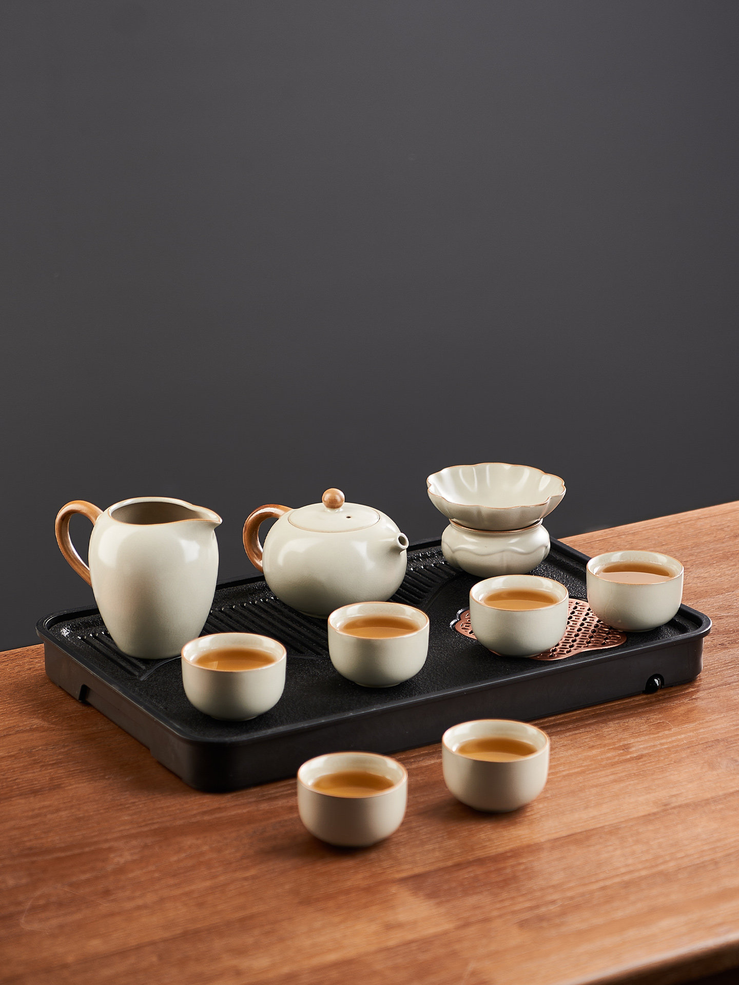 Wenbai Ru Kiln Tea Set for Home Use, Including Teapot, Teacups, Complete Kung Fu Tea Set, Tea Table, Suitable for Office and Entertaining Guests