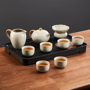 Wenbai Ru Kiln Tea Set for Home Use, Including Teapot, Teacups, Complete Kung Fu Tea Set, Tea Table, Suitable for Office and Entertaining Guests