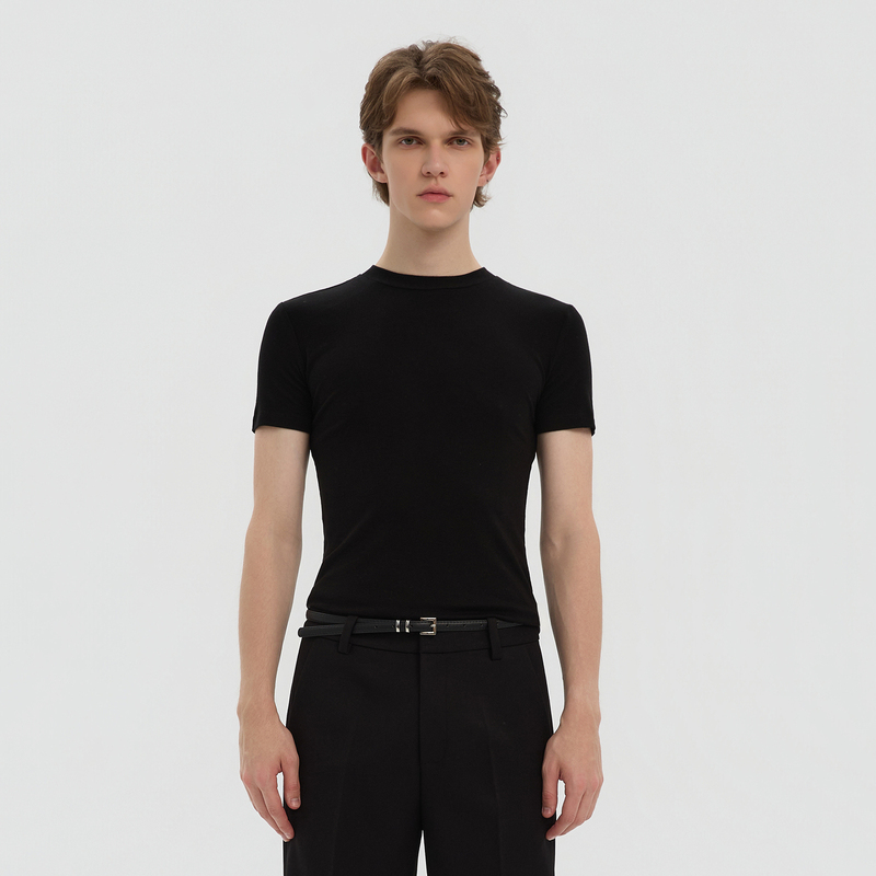Azure Lisseur Wool Lyocell Blend Black Short-Sleeved Slim-Fit Thin Fitness-Enhancing Pure Black T-Shirt Azure Lisseur Wool Lyocell Blend Black Short-Sleeved Slim-Fit Thin Fitness-Enhancing Pure Black T-Shirt