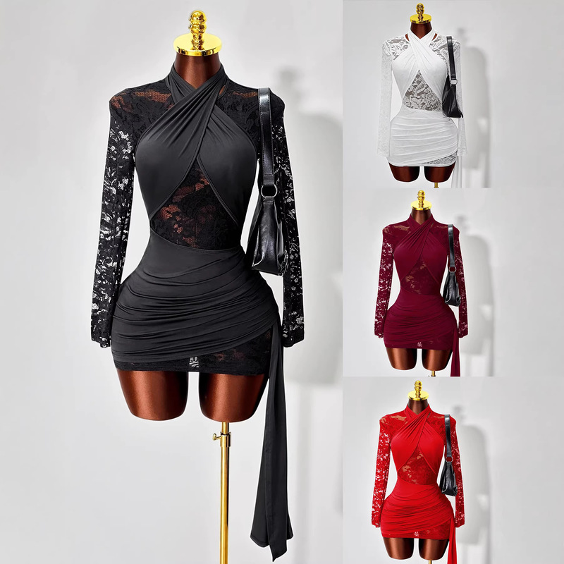 2026 Cross-Border Amazon Women's Clothing European and American Style Solid Color Half-High Collar Knitted Lace Patchwork Tight-Fitting Bodycon Dress