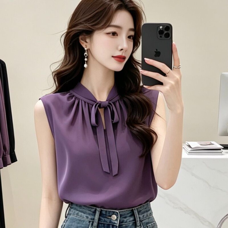 French-Style Light Mature Purple Sleeveless Vest Shirt for Women, Unique Design, Niche Summer Style, Distinctive and Exquisite Tie-Up Top