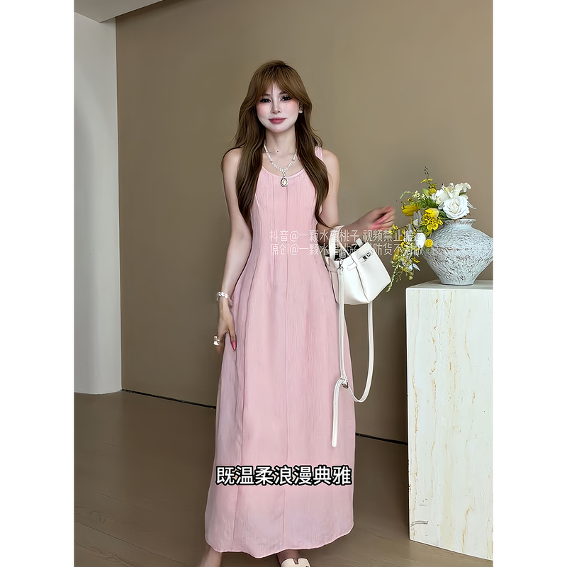 Wannvy up Summer Sweet Style Pink Waist-Cinching Dress Korean Style Age-Reducing Slimming Mid-Length Tank Dress