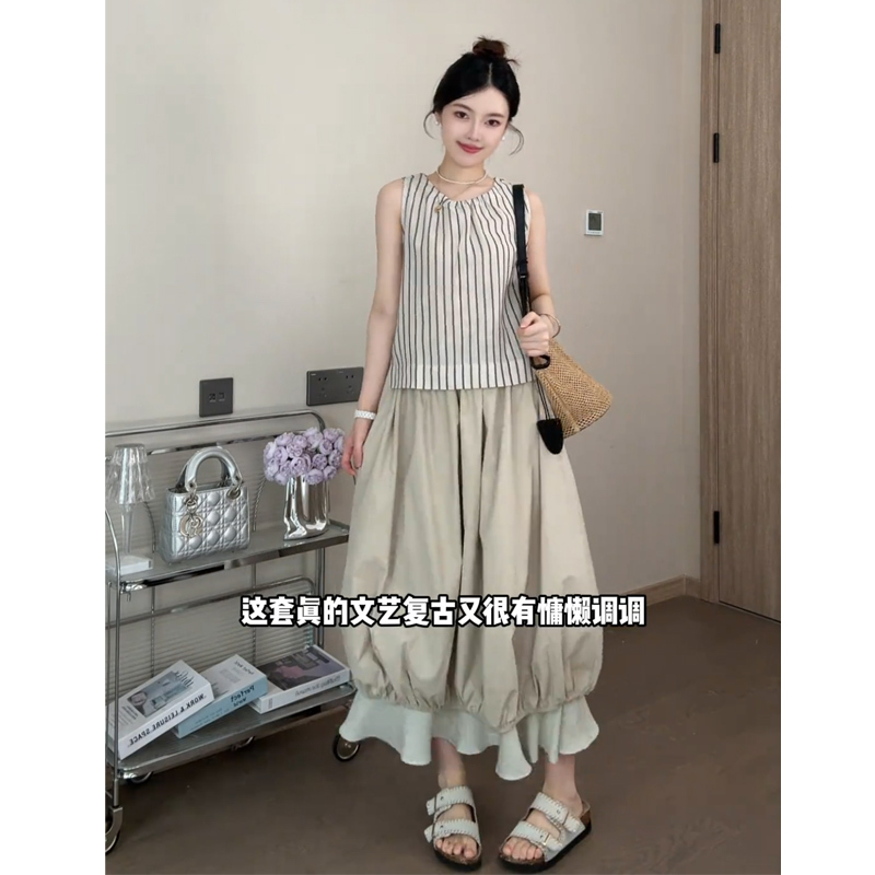 Jiahui Studio Korean Style Summer Outfit Set Striped Tank Top High-End Skirt Two-Piece Set
