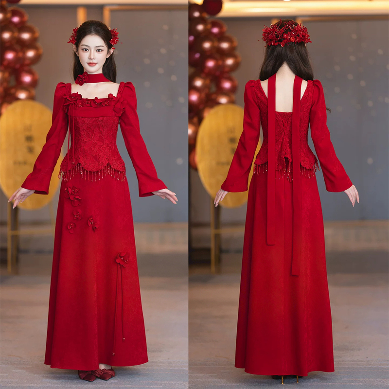 Red Long-Sleeved Engagement Dress, Dignified and Elegant Wedding Dress, New Chinese Style Toast Dress for the Bride in Autumn and Winter Red Long-Sleeved Engagement Dress, Dignified and Elegant Wedding Dress, New Chinese Style Toast Dress for the Bride in Autumn and Winter