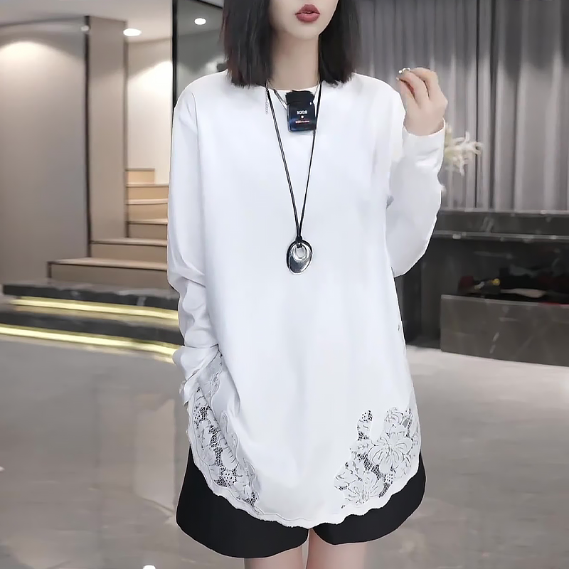 White Lace Hollow-Out Long-Sleeve T-Shirt for Women, Autumn 2026 New Style, Plus Size, Loose Fit, Slimming, Mid-Length Top White Lace Hollow-Out Long-Sleeve T-Shirt for Women, Autumn 2026 New Style, Plus Size, Loose Fit, Slimming, Mid-Length Top