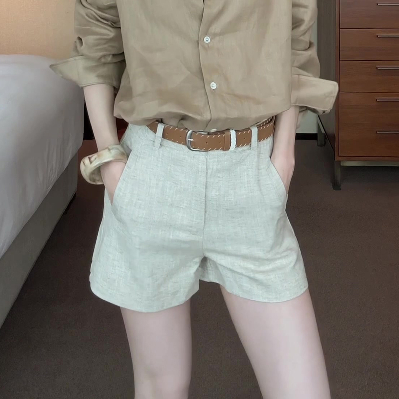 Old Money Style Linen Suit Shorts for Women, Summer Thin Style 2026 New Model, Plus Size, High Waist, Loose Fit, Slimming Three-Quarter Pants