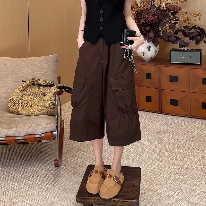 American-Style Brown Workwear Capri Pants for Women, Summer Thin Style, 2026 New Model, Plus Size, High-Waisted, Loose-Fitting, Wide-Leg Pants