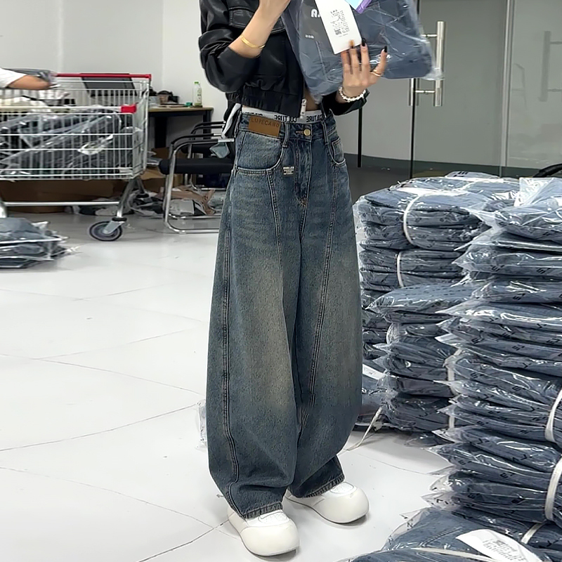 American Retro High Street Jeans for Women, Spring 2026 New Style, Plus Size, High-Waisted, Loose, Scimitar-Shaped Wide-Leg Pants