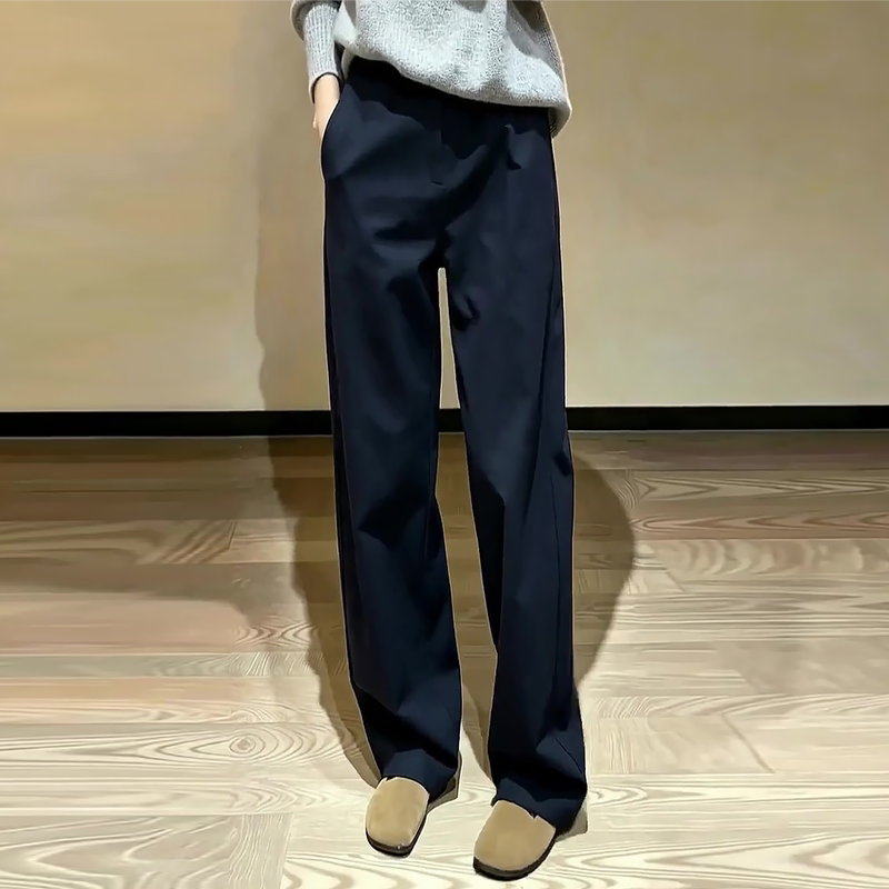 Very Stylish Navy Blue Wide-Leg Pants for Women, Autumn 2026 New Style, Plus Size, High-Waisted, Loose, Slimming, Straight-Leg Pants