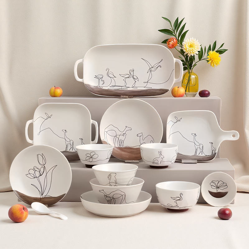 Qianshun Genuine One-Stroke Ceramic Tableware Bowl and Plate Set, Simple Art Underglaze Color Housewarming Bowl and Plate Set