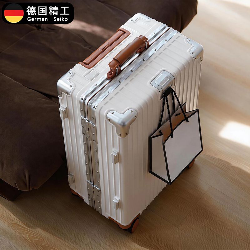German Luggage Suitcase with Aluminum Frame, Contrasting Color, Trolley, Customs Lock, Universal Wheels, Durable Leather Suitcase for Men and Women