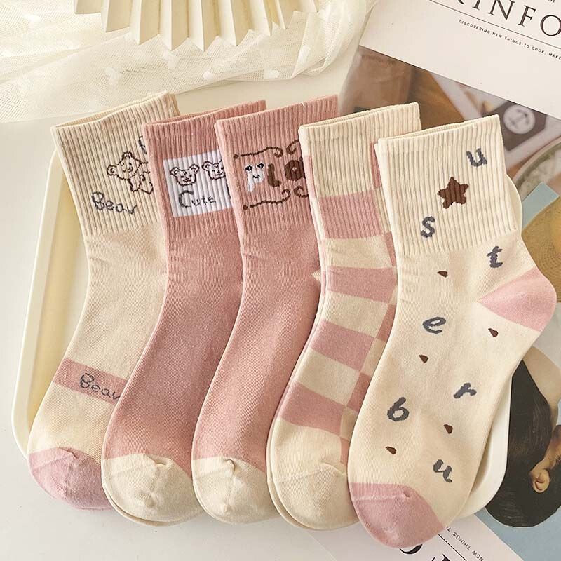 Women's Mid-Calf Socks Cartoon Spring and Autumn Cute Pink Letter Style Japanese Style for Energetic Girls Autumn and Winter Mid-Calf Socks