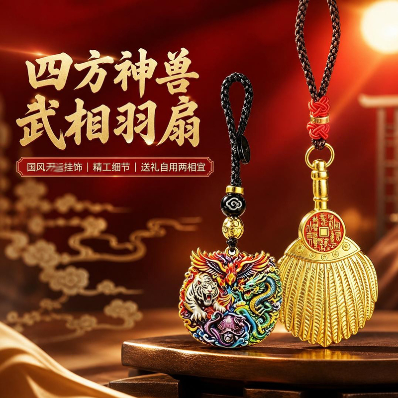 [Recommended by the Master] Premium Product. Painted Four-Sided Mythical Beast with Martial Arts Inscriptions and Feather Fan, Portable Car Pendant