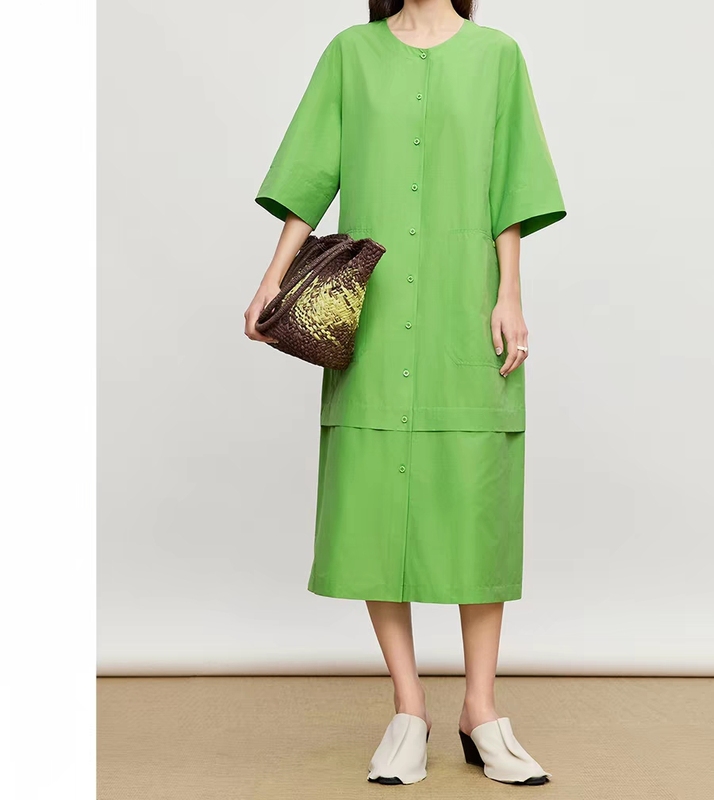 Oh Mother【Same Style as in the Mall】2026 Summer New Poplin Fabric Round Neck Waist-Cinching Long Dress Oh Mother【Same Style as in the Mall】2026 Summer New Poplin Fabric Round Neck Waist-Cinching Long Dress