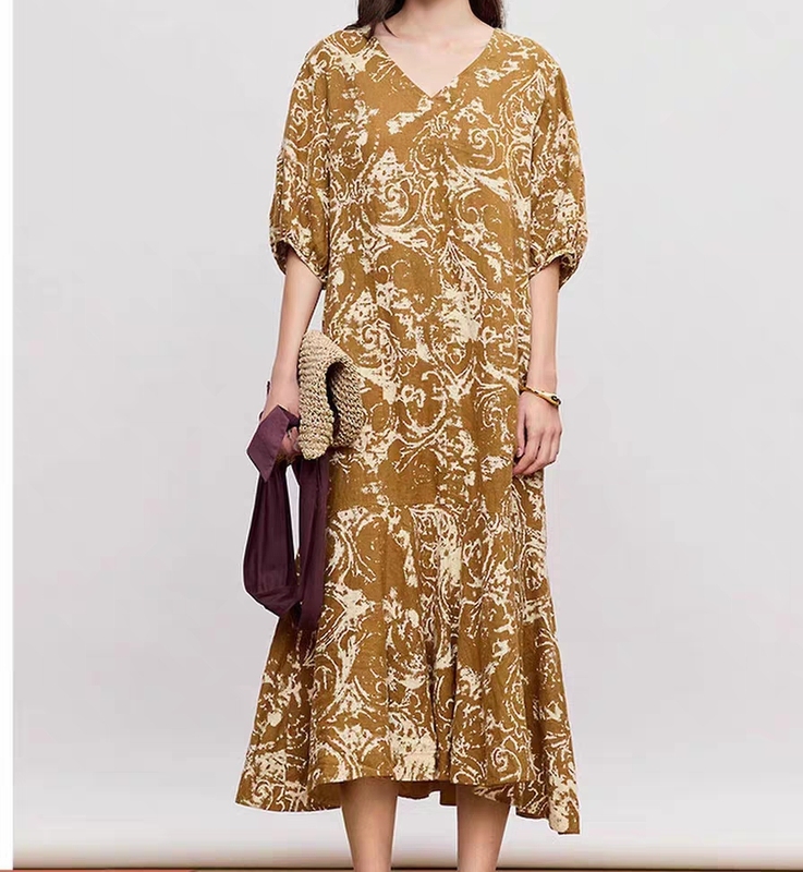 In-Stock Omu Mall Same Style 2026 Summer New Linen Printed Dress Casual Long Dress for Women