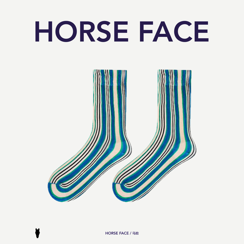 HORSE FACE Trendy Brand Striped Socks Blue-Green Striped Mid-Calf Cotton Socks Blogger Outfit Cycling
