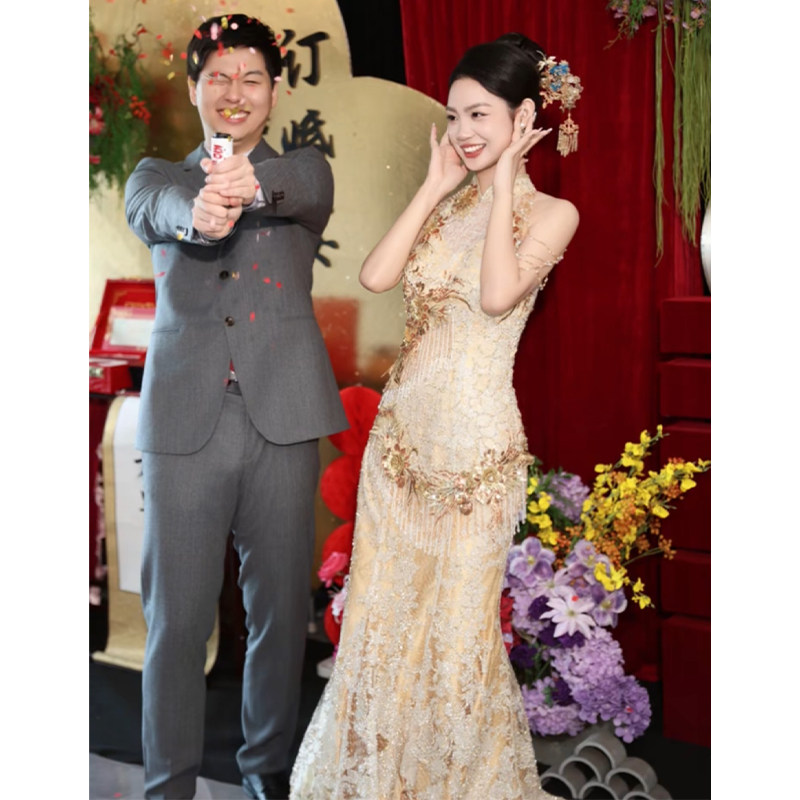 Вышитое тяжелой промышленностью свадебное платье cheongsam champagne высокого класса для помолвки с юбкой 