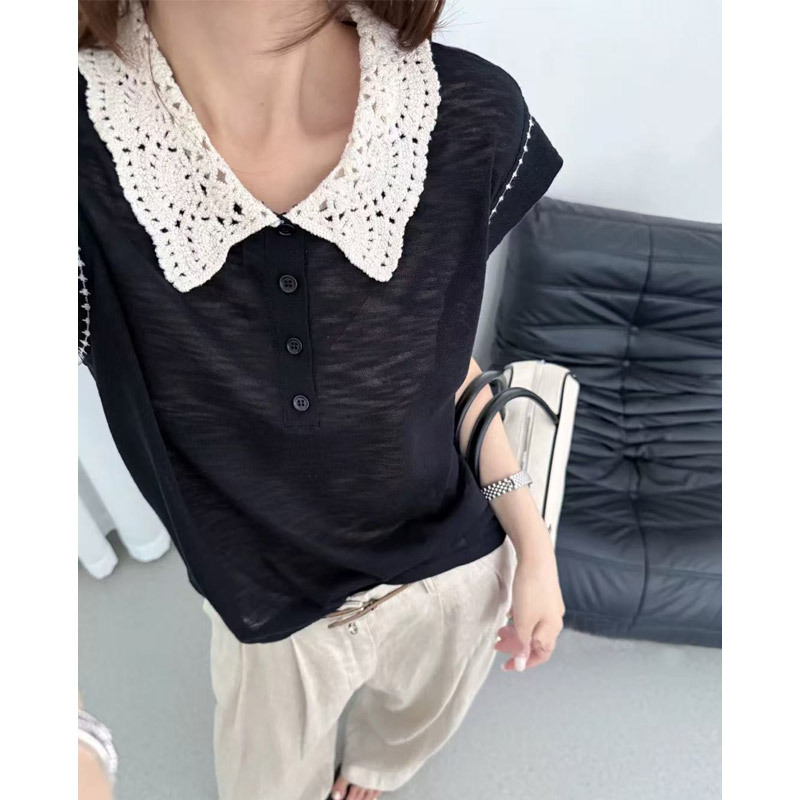 Summer New Style Hollow-Out Doll Collar Flutter Sleeve Knit Top for Women, Thin and Versatile, Slimming, Fashionable and Elegant Top-6120 Summer New Style Hollow-Out Doll Collar Flutter Sleeve Knit Top for Women, Thin and Versatile, Slimming, Fashionable and Elegant Top-6120