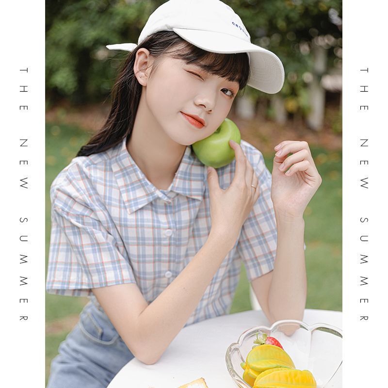 Guangdong Puning Women's Shirt, Japanese Style, Fresh and Simple Short-Sleeve Plaid Shirt, New Summer Design, Unique and Loose Fit Guangdong Puning Women's Shirt, Japanese Style, Fresh and Simple Short-Sleeve Plaid Shirt, New Summer Design, Unique and Loose Fit