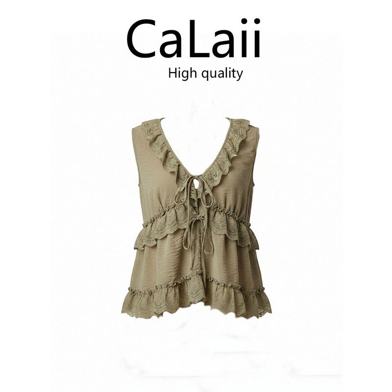 French-Style V-Neck Lace-Trimmed Camisole for Women, Summer Niche Design, Loose Fit, Slimming Sleeveless Top